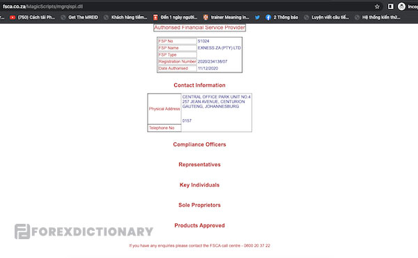 Thông tin của Exness ZA (PTY) Ltd trên website chính thức của FSCA