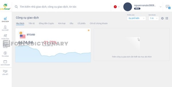 Trang chủ của LiteForex sau khi đăng nhập thành công