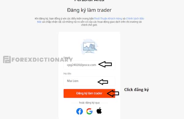 Hoàn thành thì click chuột vào ô “Đăng ký làm Trader”