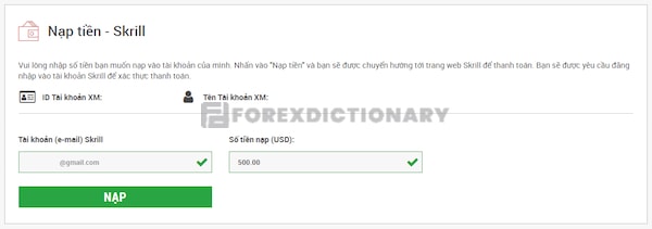 Ví dụ về nạp tiền thông qua Skrill