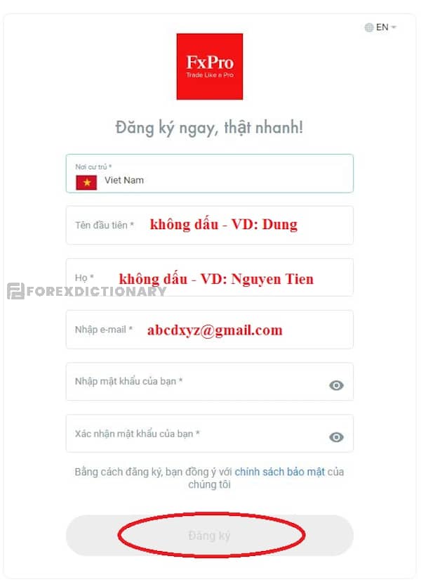 Hình ảnh minh họa khi đăng ký tài khoản FxPro