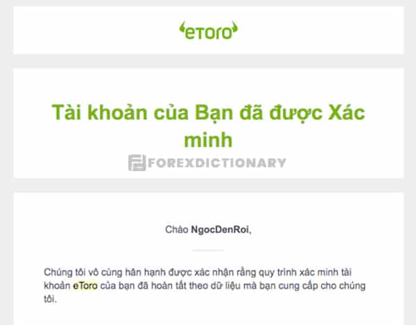 Email thông báo tài khoản đã được xác minh thành công