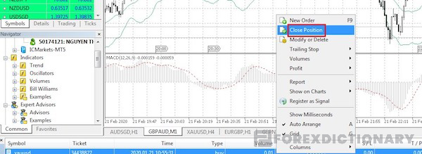 Chọn Close Position để đóng trực tiếp một lệnh đang hoạt động