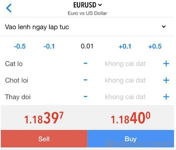 Nhấn chọn Sell để bán hoặc Buy để mua với mức giá đã được hiển thị rõ