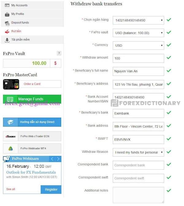 Các thông tin cần điền để gửi yêu cầu rút tiền từ FxPro