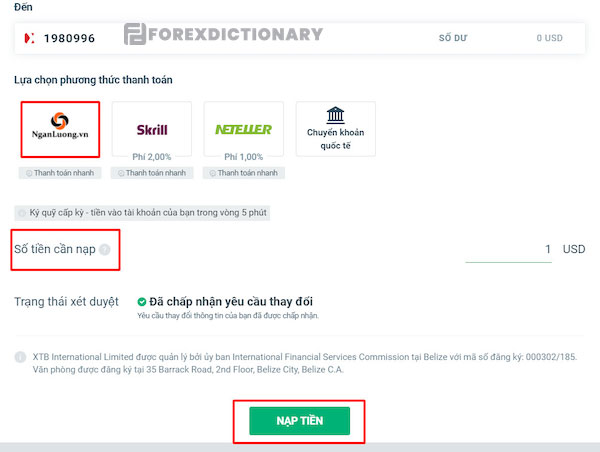 Nạp tiền XTB bằng ngân lượng