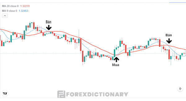 Tín hiệu mua hoặc bán được tạo ra từ quá trình giao cắt của đường MA 9 và đường MA 20
