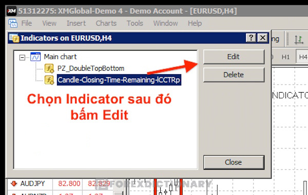 Chọn “Candle Closing Time Remaining” sau đó bấm Edit như hình