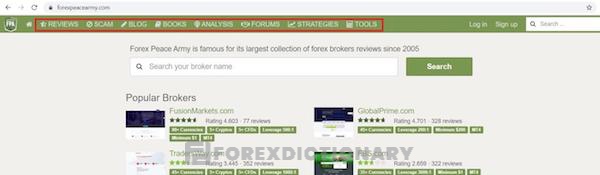 Mọi tính năng của Forex Peace Army xuất hiện trên thanh điều hướng