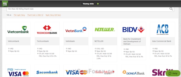 Đa dạng các hình thức nạp tiền trên sàn FBS