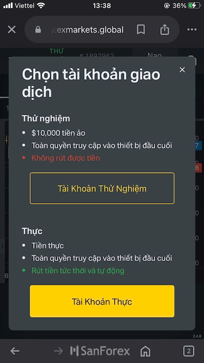 Khách hàng hãy chọn ngay vào “Tài khoản thực” để tiếp tục quy trình