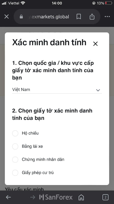 Trader cần chọn quốc gia và loại giấy tờ dùng để xác minh danh tính