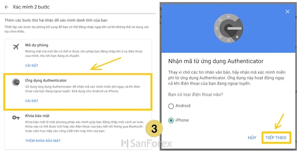 Chọn cài đặt bảo mật xác thực 2 yếu tố cho tài khoản Google